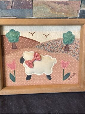 Vintage VALORIE Dimensional Appliqué Folk Art Lamb framed picture 1985